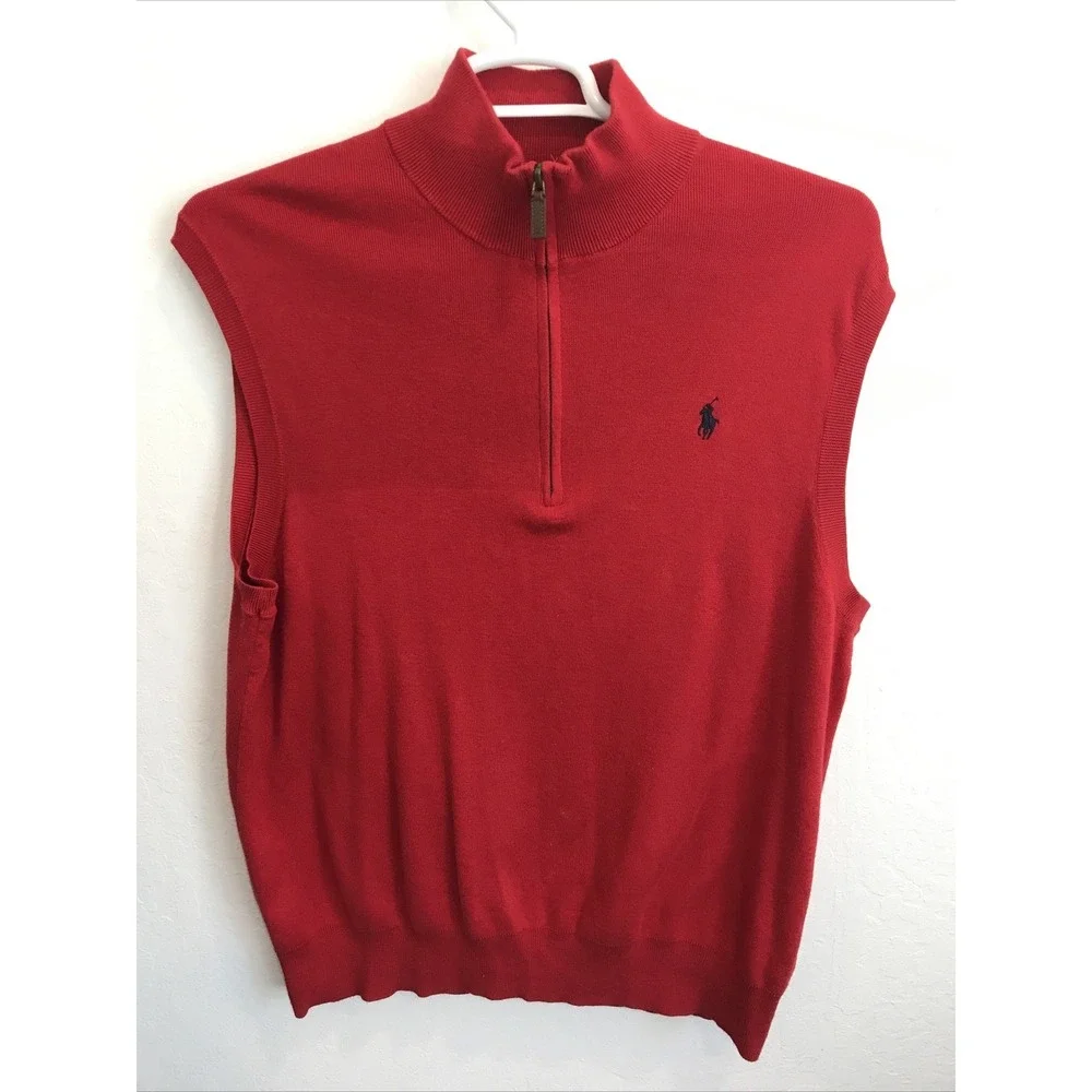 Polo Ralph Lauren Vest Sz L Pima Cotton Sleeveless V-Neck Red Blue Pony
